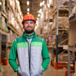 warehouse worker wearing safety helmet and vest