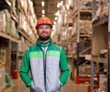 warehouse worker wearing safety helmet and vest